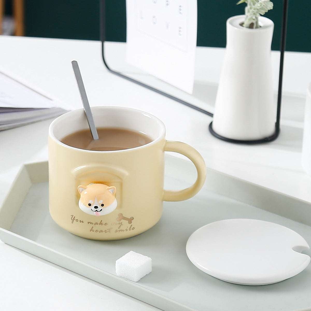 Cartoon Cup Lid, Ceramic Spoon Cup, Shiba Inu Mug - available at Sparq Mart