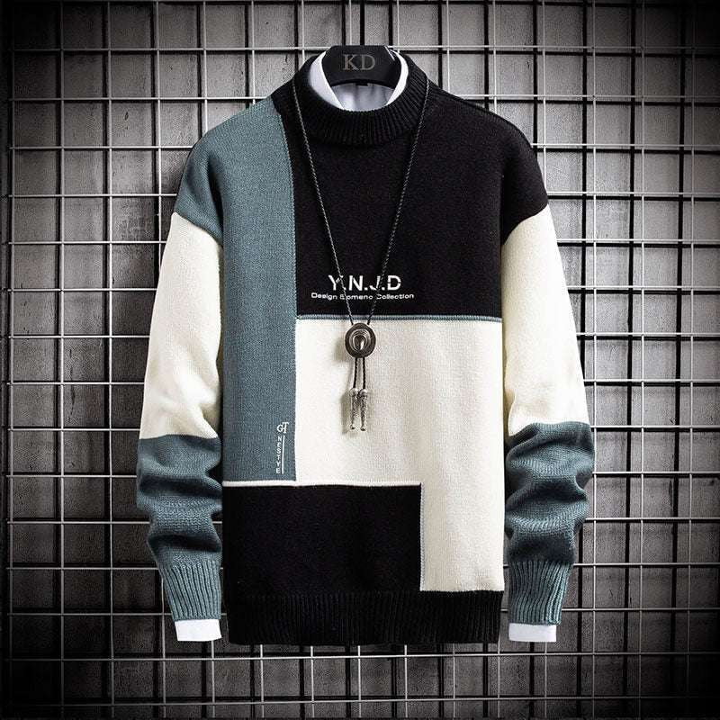 Contrast Color Sweater, High Neck Sweater, Men's Pullover Sweater - available at Sparq Mart