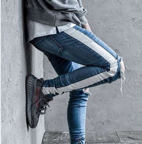 Side Zippered Jeans - Retro Striped Jeans - Destroyed Slim Jeans - available at Sparq Mart