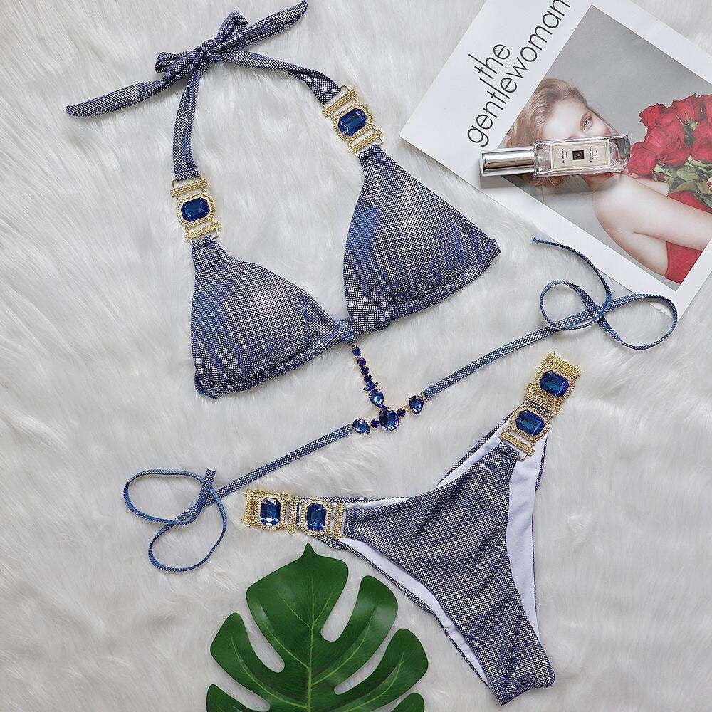 Crystal Embellished Swimwear, Diamond Strap Bikini, Split Swimsuit Beachwear - available at Sparq Mart