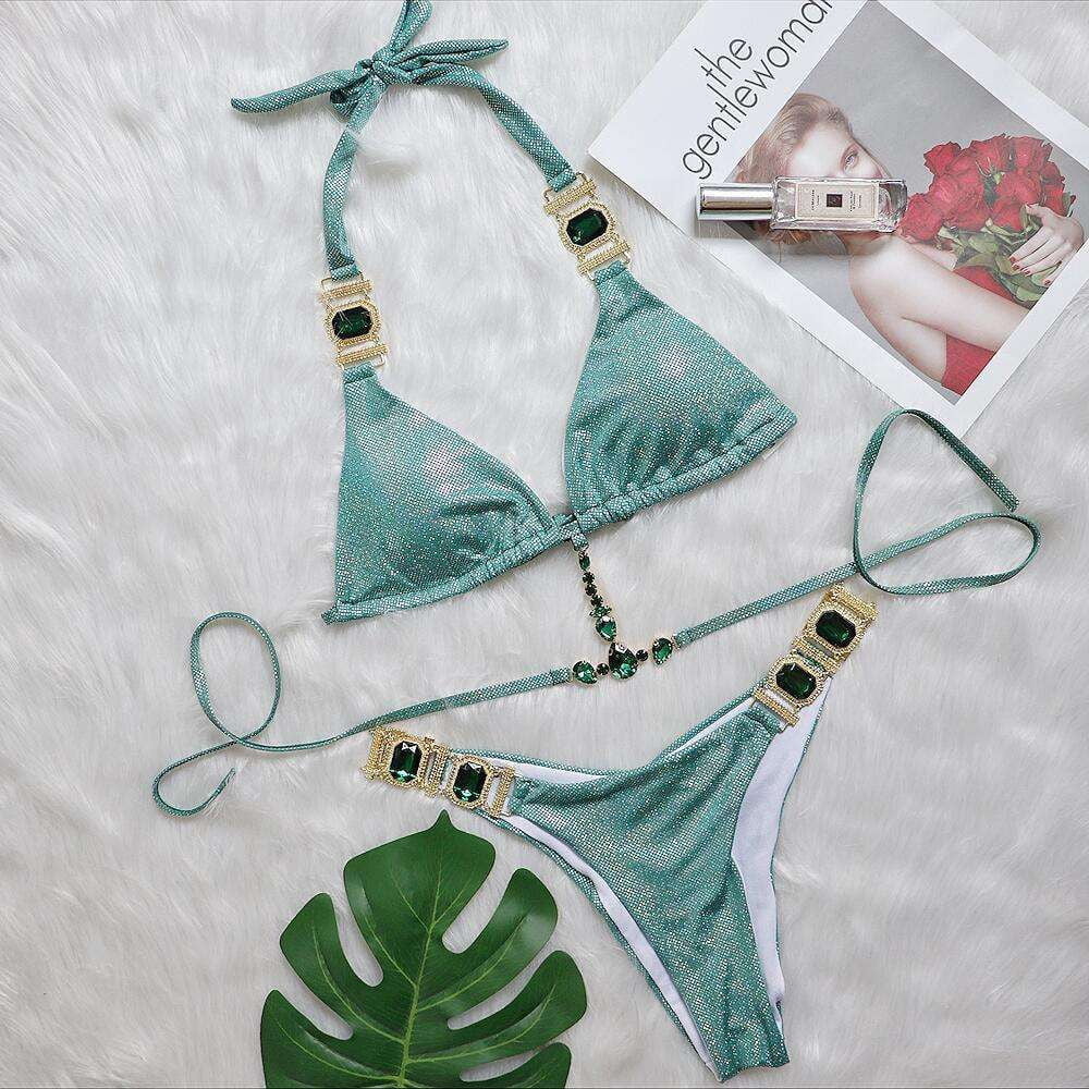 Crystal Embellished Swimwear, Diamond Strap Bikini, Split Swimsuit Beachwear - available at Sparq Mart