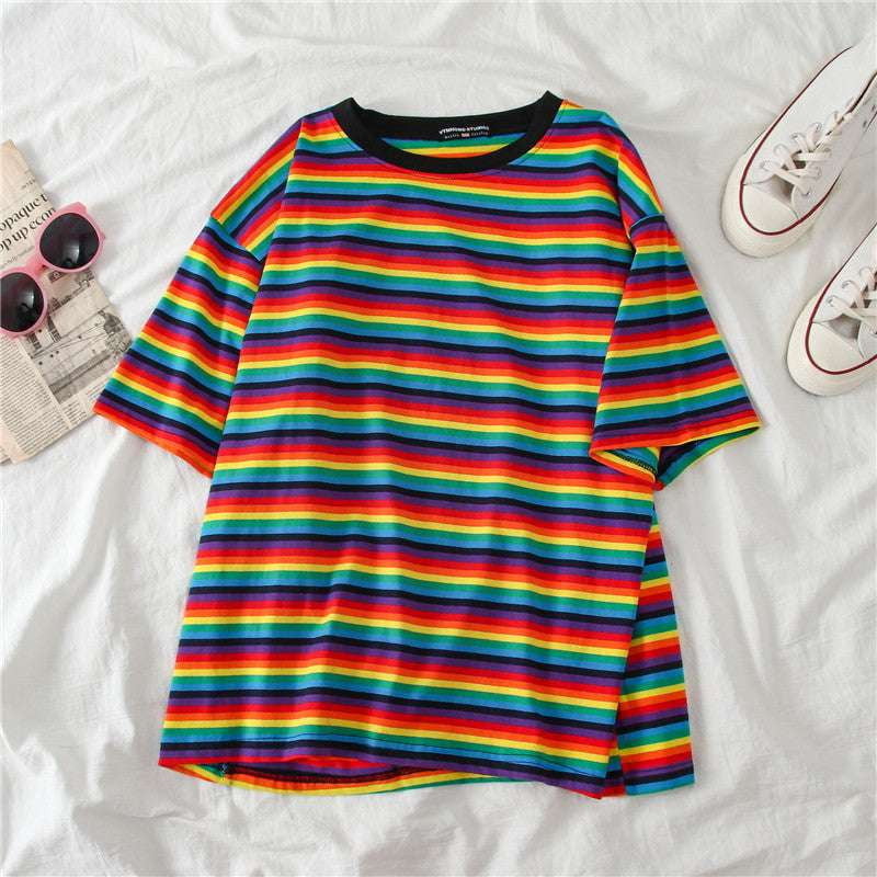 Hip Hop T-Shirt, Loose Mid-Length Top, Women Striped Tee - available at Sparq Mart