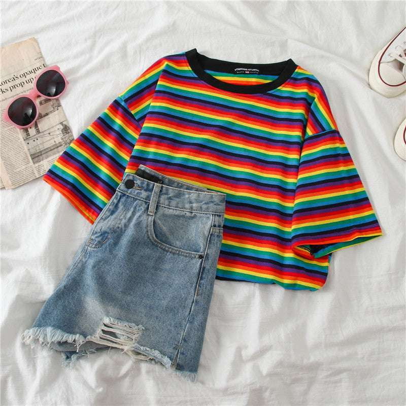 Hip Hop T-Shirt, Loose Mid-Length Top, Women Striped Tee - available at Sparq Mart