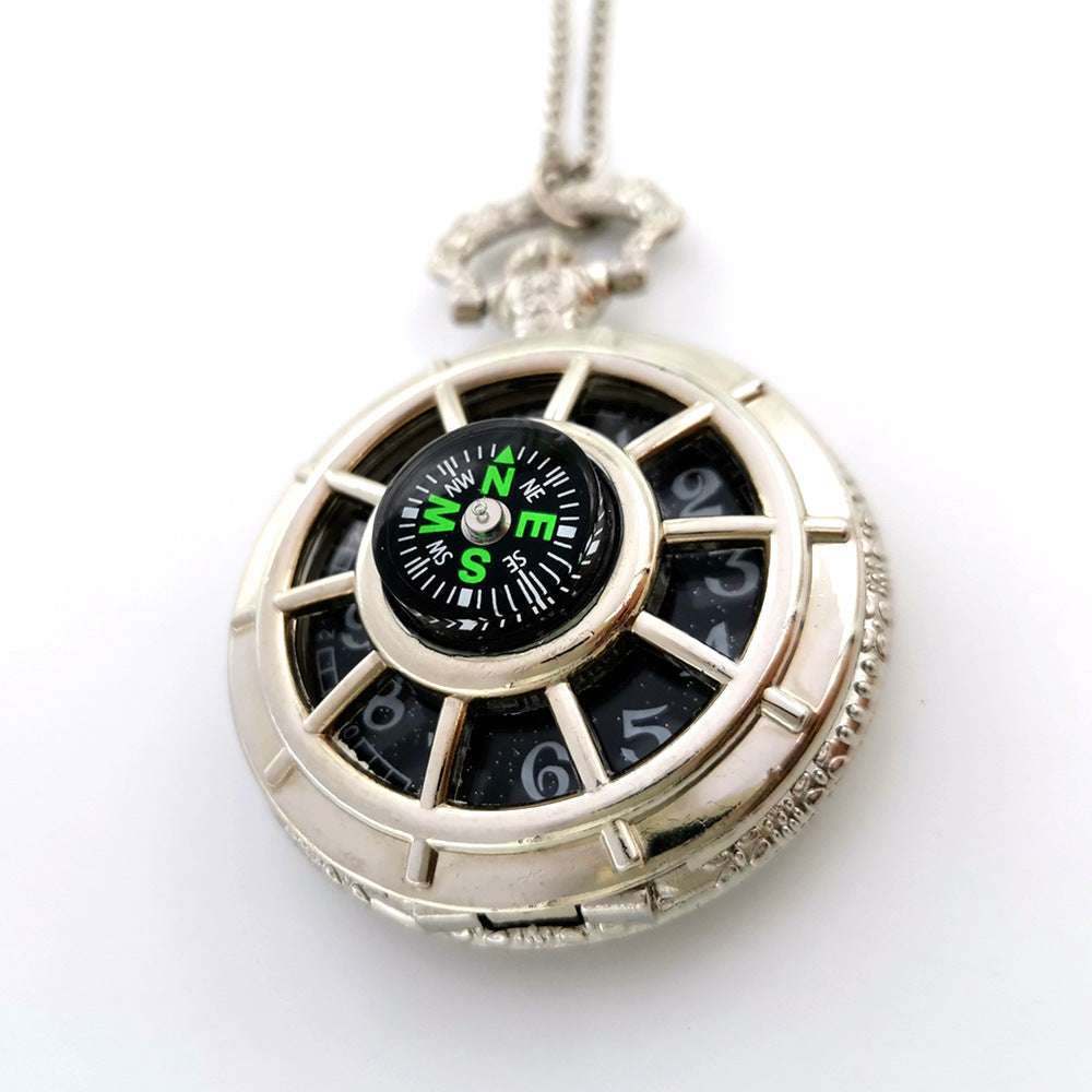 Pocket Watch Necklace, Silver Gun Color, Stylish Compass Necklace - available at Sparq Mart