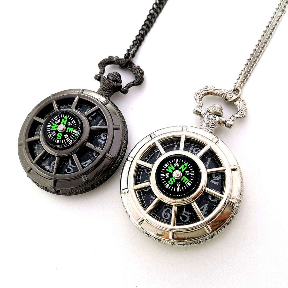 Pocket Watch Necklace, Silver Gun Color, Stylish Compass Necklace - available at Sparq Mart