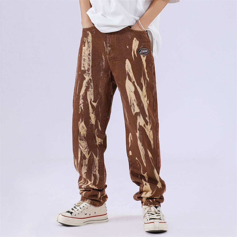 Cotton Spray Paint Trousers, Fashionable Mid-Waist Trousers, Trendy Loose Artistic Pants - available at Sparq Mart