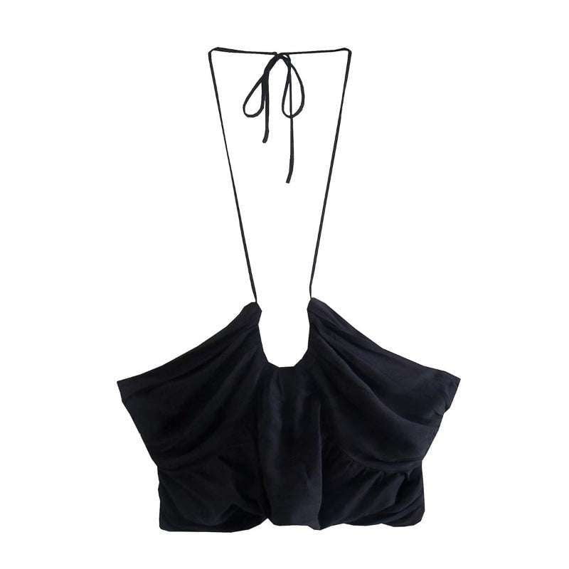 black halter top, pleated tank blouse, white cross halter - available at Sparq Mart