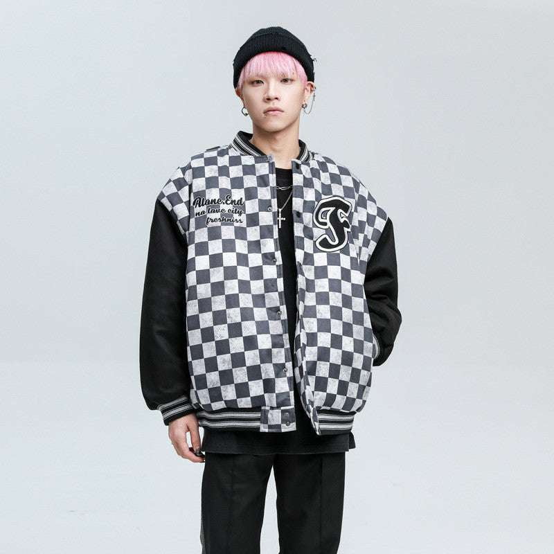 Casual Cotton Jacket, Checkered Hip Hop, Quilted Baseball Uniform - available at Sparq Mart