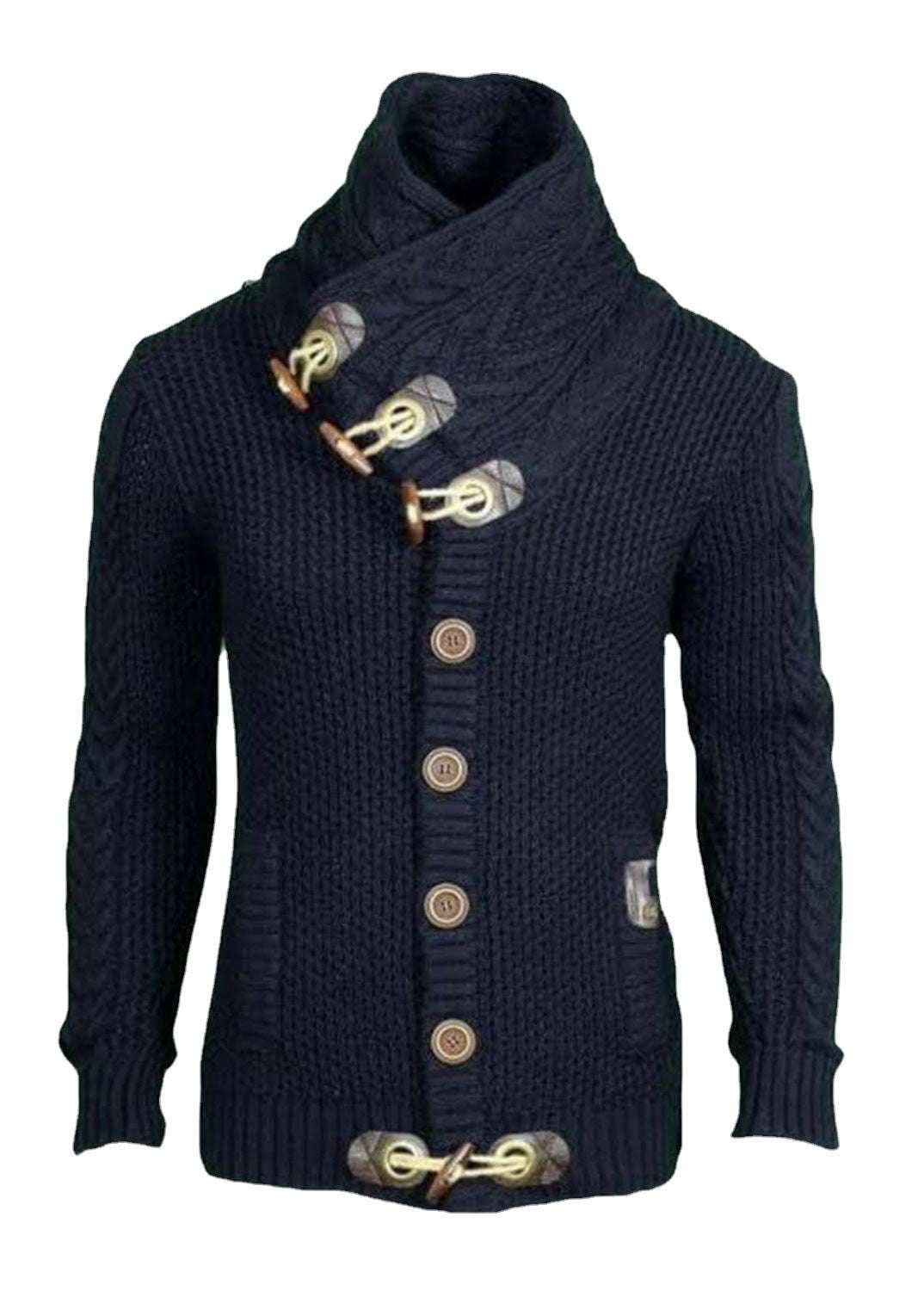 casual knitted cardigan, stylish horn button sweater, turtleneck men's sweater - available at Sparq Mart