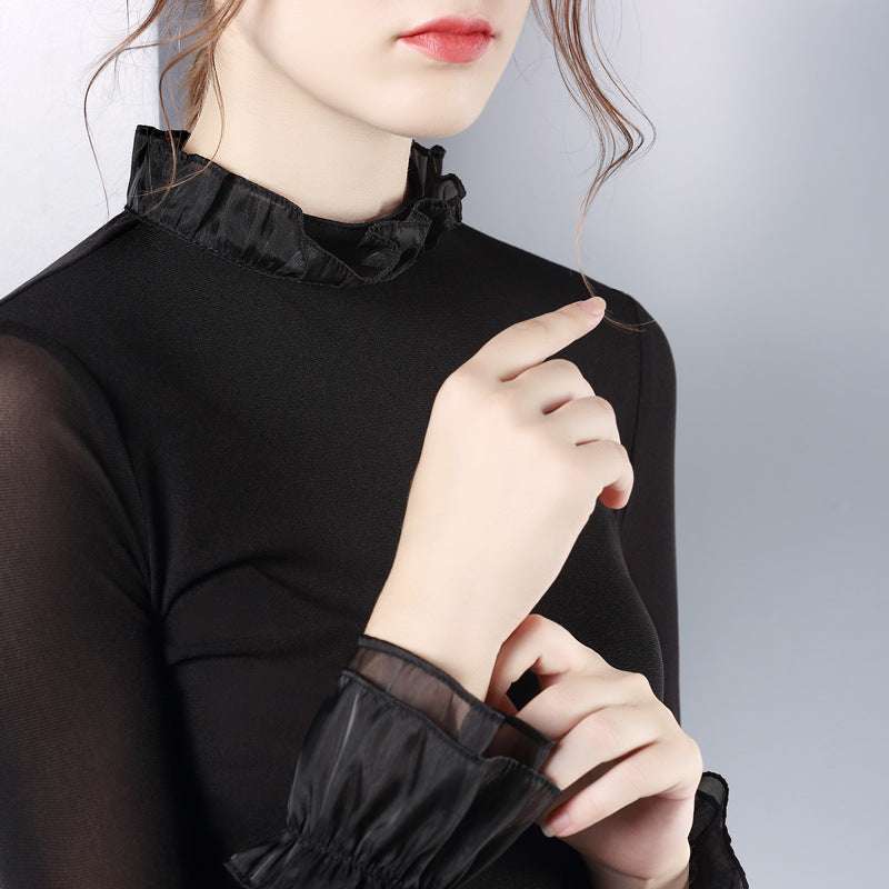 Lotus leaf collar shirt, Plus velvet shirt, Stylish mesh bottoming shirt - available at Sparq Mart