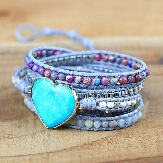 heart-shaped agate bracelet, turquoise leather bracelet, women's multilayer bracelet - available at Sparq Mart