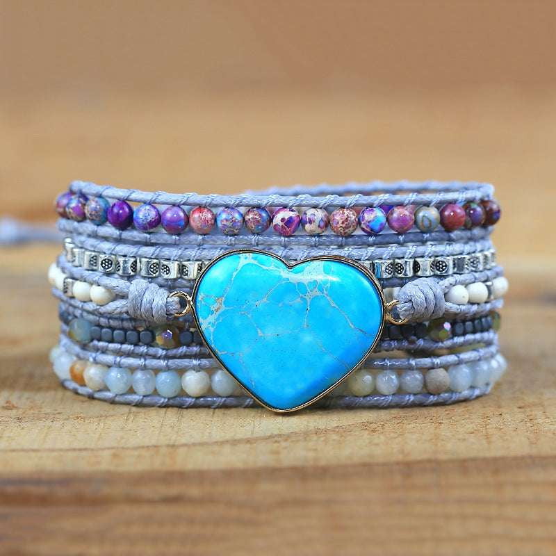 heart-shaped agate bracelet, turquoise leather bracelet, women's multilayer bracelet - available at Sparq Mart