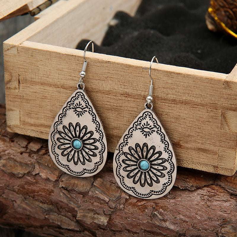 elegant drop earrings, sunflower turquoise earrings, turquoise carved earrings - available at Sparq Mart