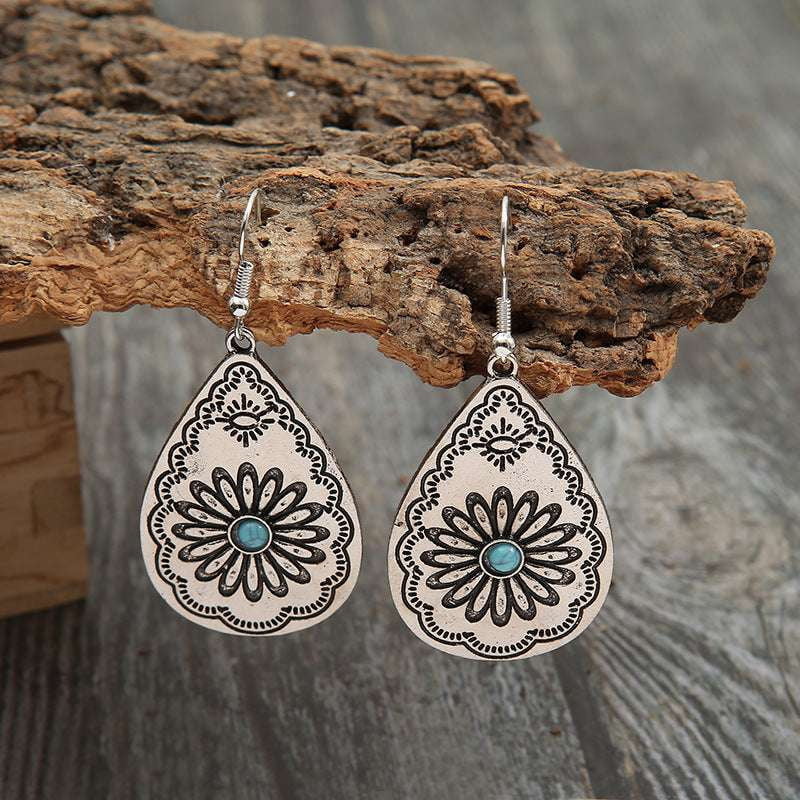 elegant drop earrings, sunflower turquoise earrings, turquoise carved earrings - available at Sparq Mart