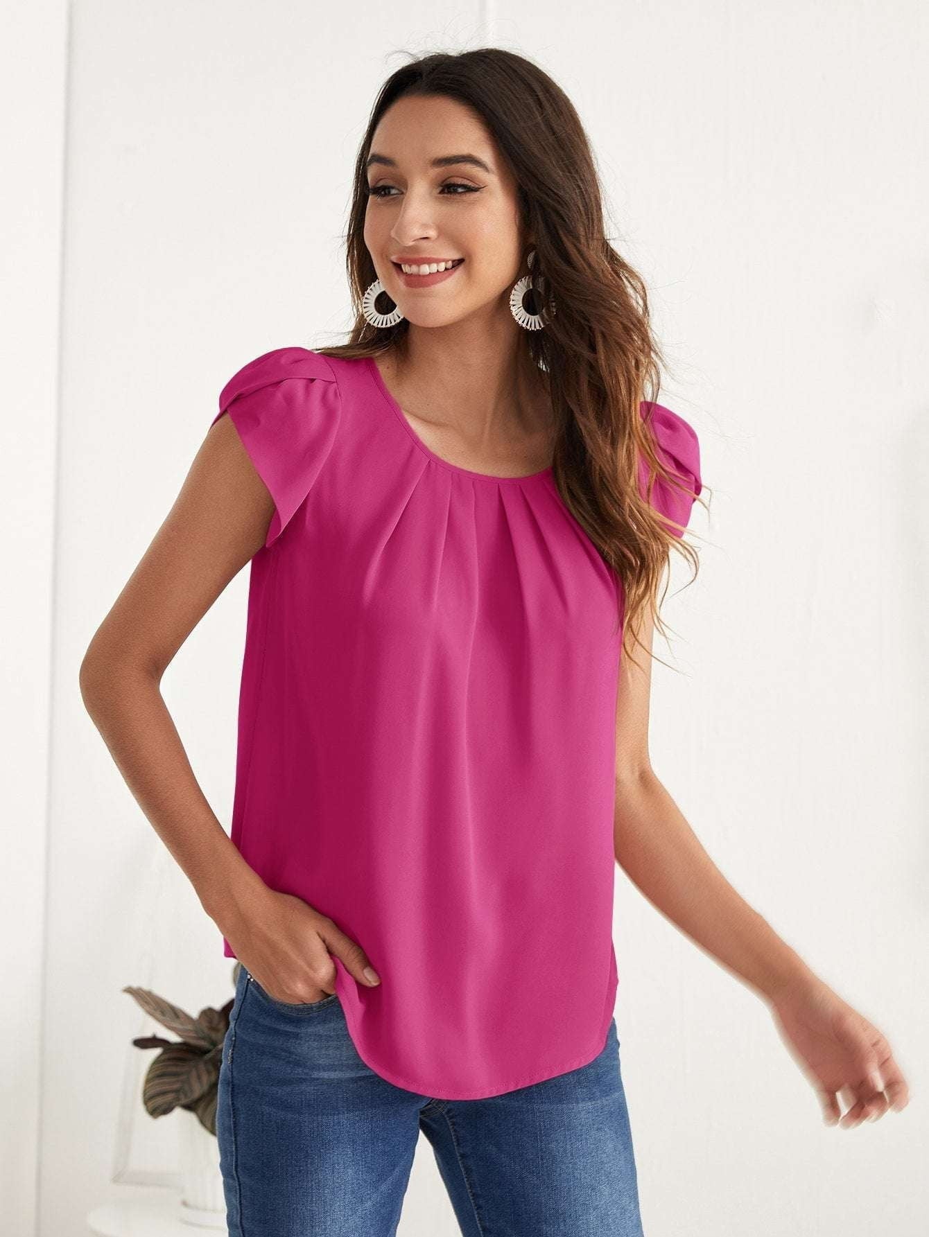 Chiffon casual tops, Short-sleeve round neck shirts, Solid color blouses - available at Sparq Mart