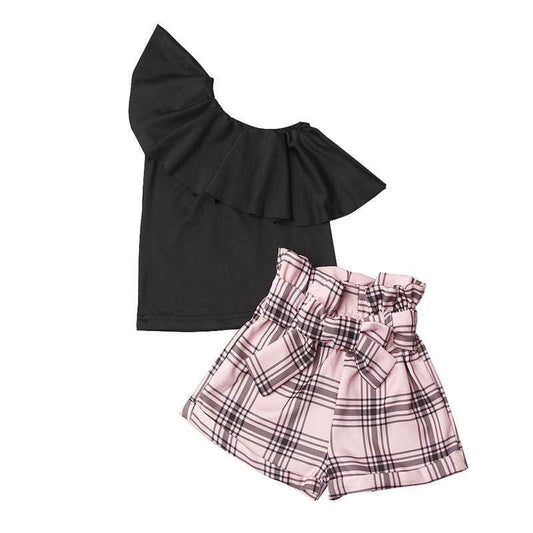 diagonal shoulder top, flower bud shorts, girls plaid outfit - available at Sparq Mart