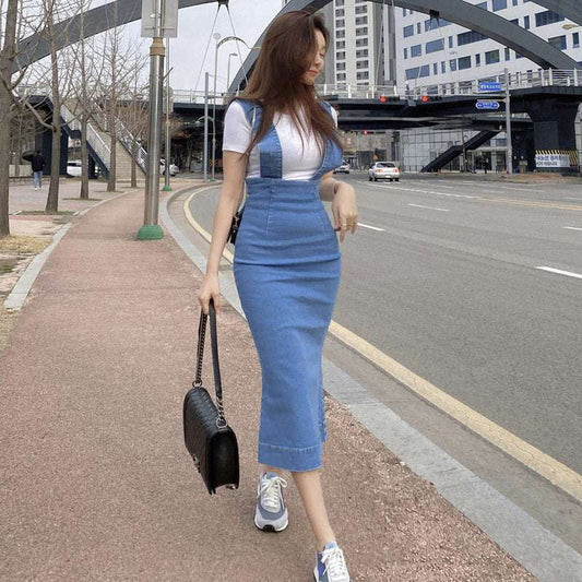 Denim Suspender Skirt, Fashionable Midi Skirt, High Waist Skirt - available at Sparq Mart