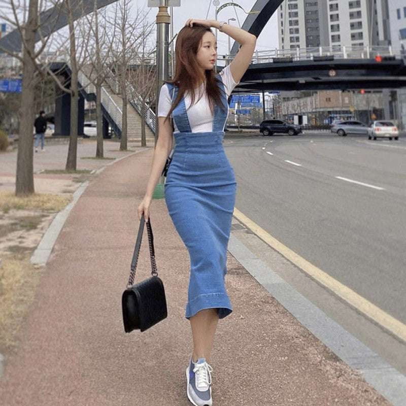 Denim Suspender Skirt, Fashionable Midi Skirt, High Waist Skirt - available at Sparq Mart