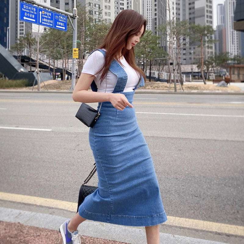 Denim Suspender Skirt, Fashionable Midi Skirt, High Waist Skirt - available at Sparq Mart