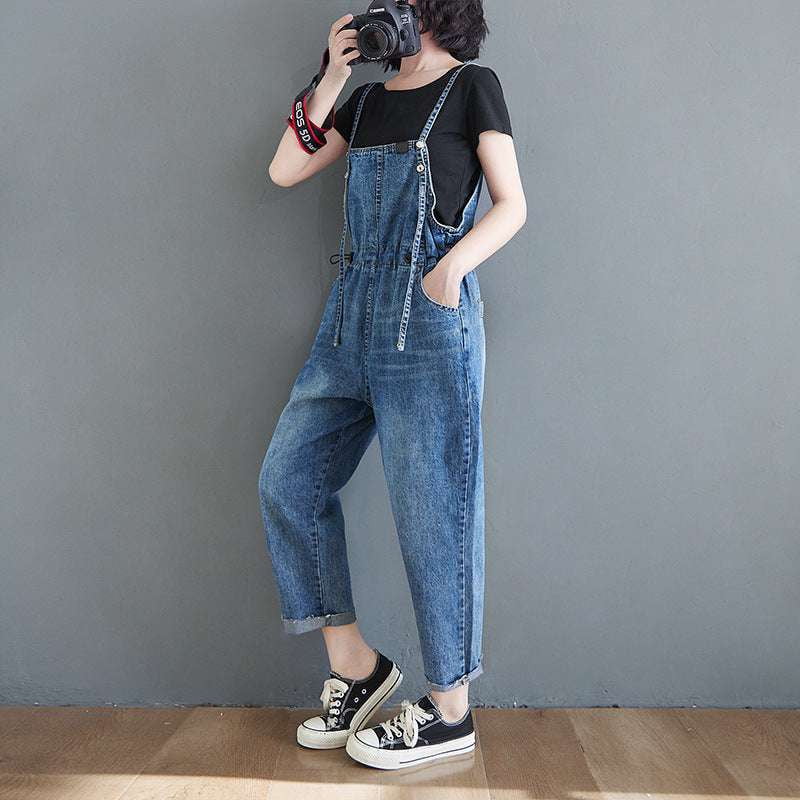 High-Waist Suspender Jeans, Slim Waist Denim Overalls, Urban Leisure Style Overalls - available at Sparq Mart