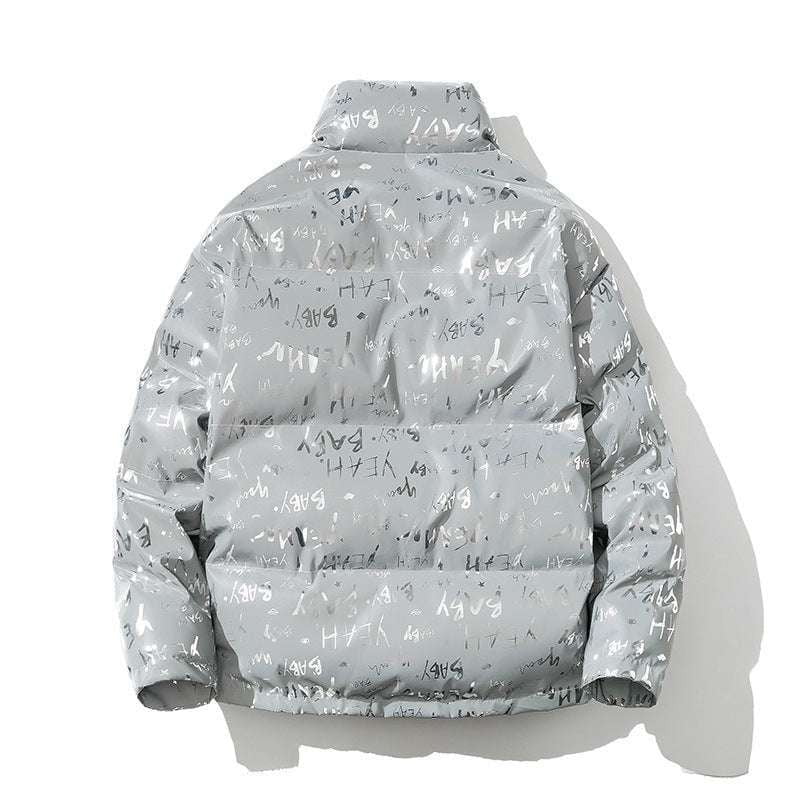 Fashionable padded jacket, reflective letter jacket, stand collar jacket - available at Sparq Mart