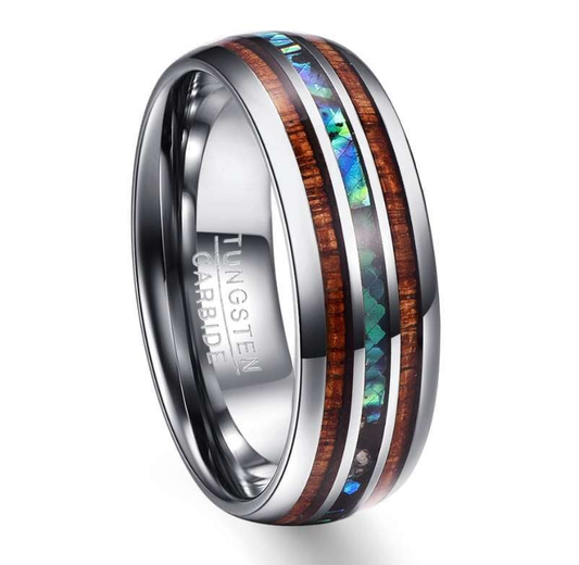 Abalone Shell Jewelry, Acacia Wood Ring, Tungsten Steel Bands - available at Sparq Mart