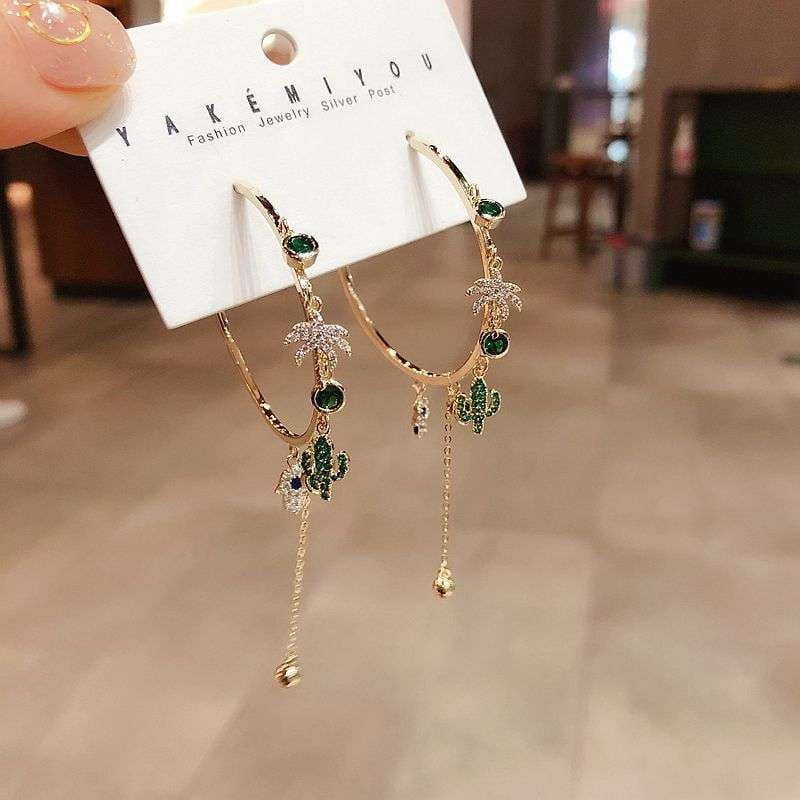 Cactus Zircon Earrings, Micro-inlaid Earrings, Personalized Palm Jewelry - available at Sparq Mart