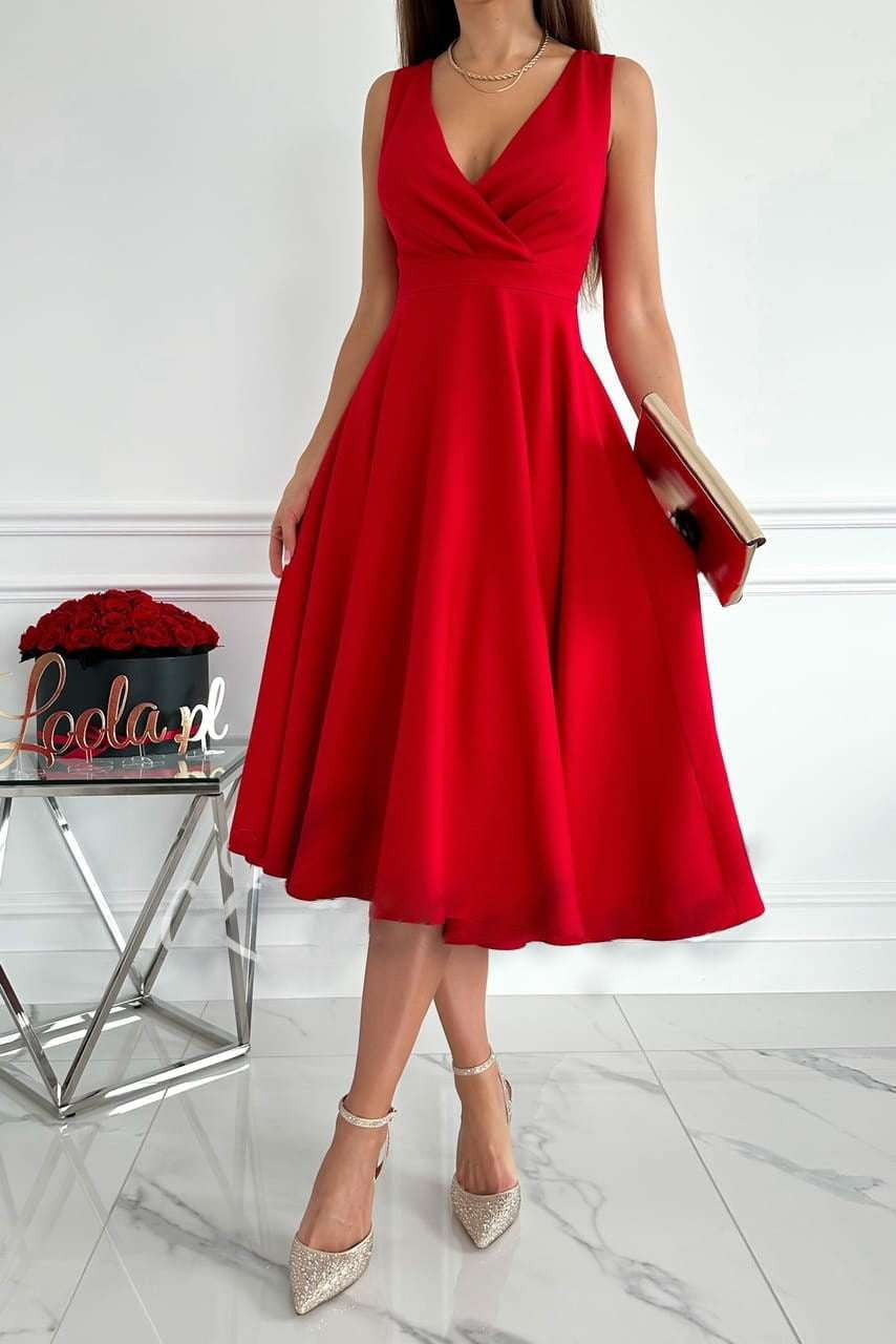 Black Swing Attire, Pleated Swing Dress, V-neck Red Dress - available at Sparq Mart