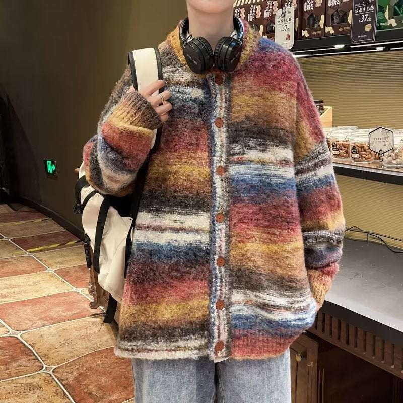 colorful vintage outerwear, rainbow contrast coat, retro knit sweater - available at Sparq Mart