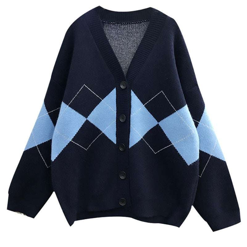 Diamond Sweater Coat, Japanese Cardigan Sweater, Lazy Style Knitwear - available at Sparq Mart